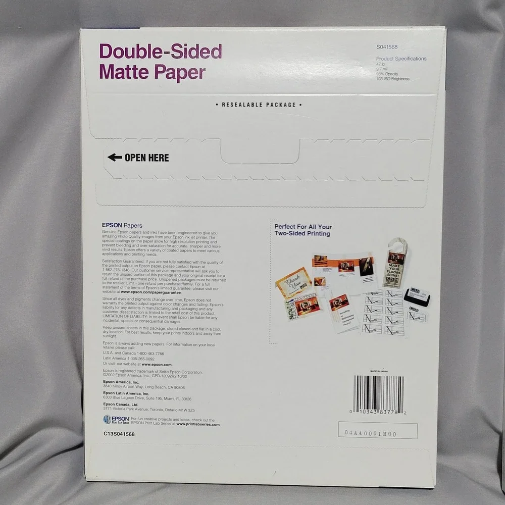 Epson Double-Sided Matte Paper 8.5x11 White S041568 100 Sheets 2 Pack